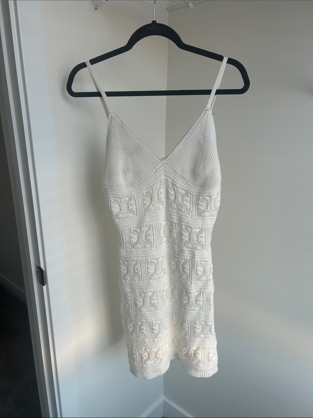 Olive & Oak Cream Crochet Knit Slip Dress with Spaghetti Straps